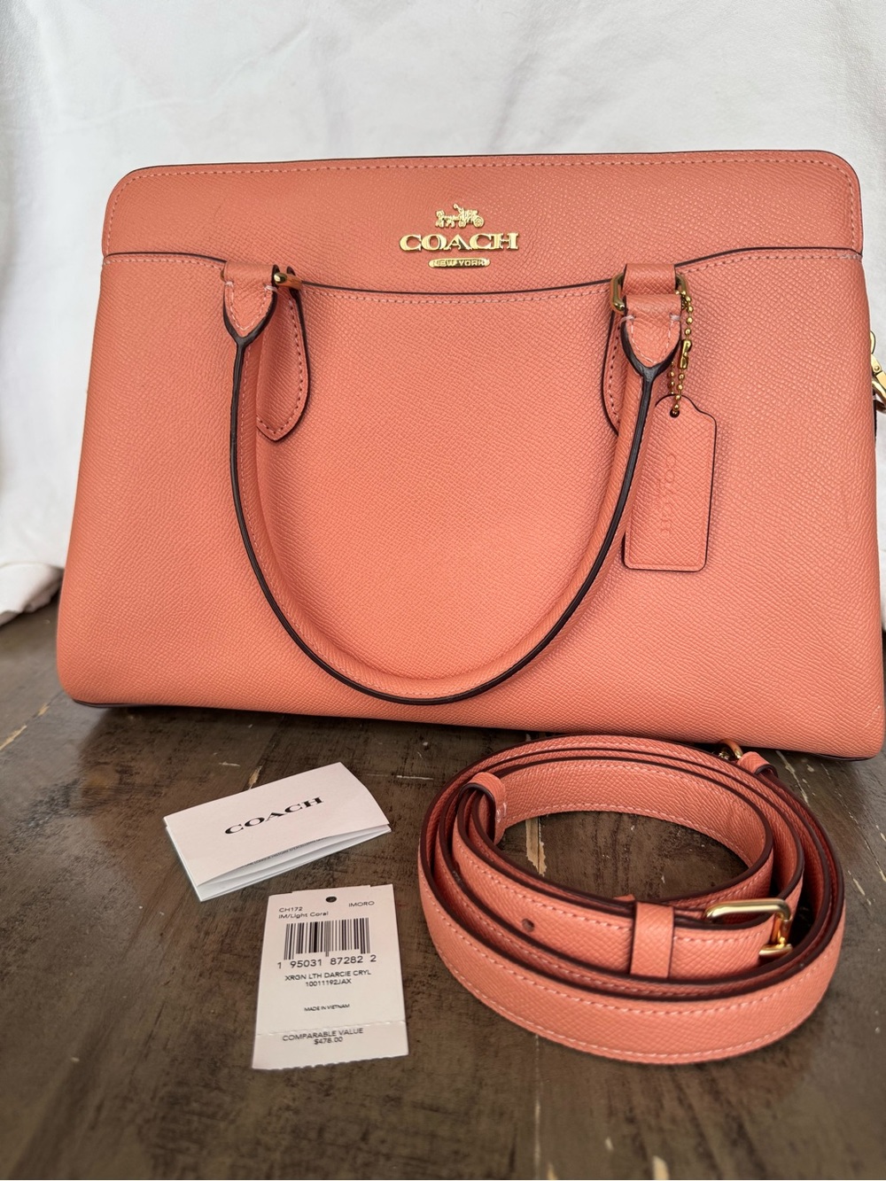Coach Coral Pink Crossgrain Leather Satchel w/ Gold Hardware Darcy Carryall